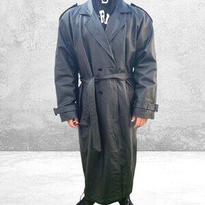 Leather Belted Button DownTrench Coat Black Size XL